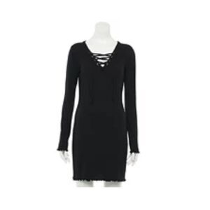 SO XS dress black lace up fitted body con long sleeve casual
